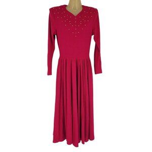 Expo womens 10 Vintage Bright pink long sleeve pearl gold beads maxi 80s pockets